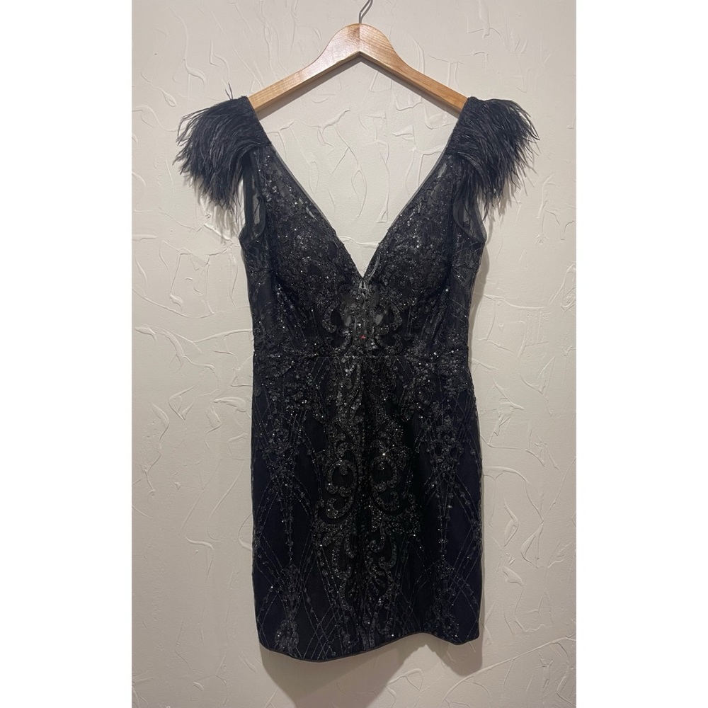 Alyce Paris black fully embellished plunge neck feather detail formal dress (6)